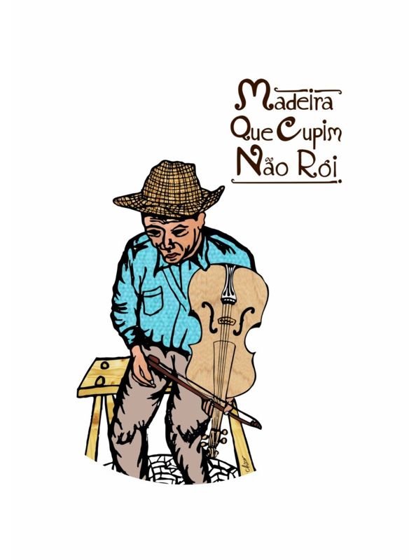 The Madeira Que Cupim Não Rói artwork: a rabequeiro in a straw hat bowing an oversized rabeca