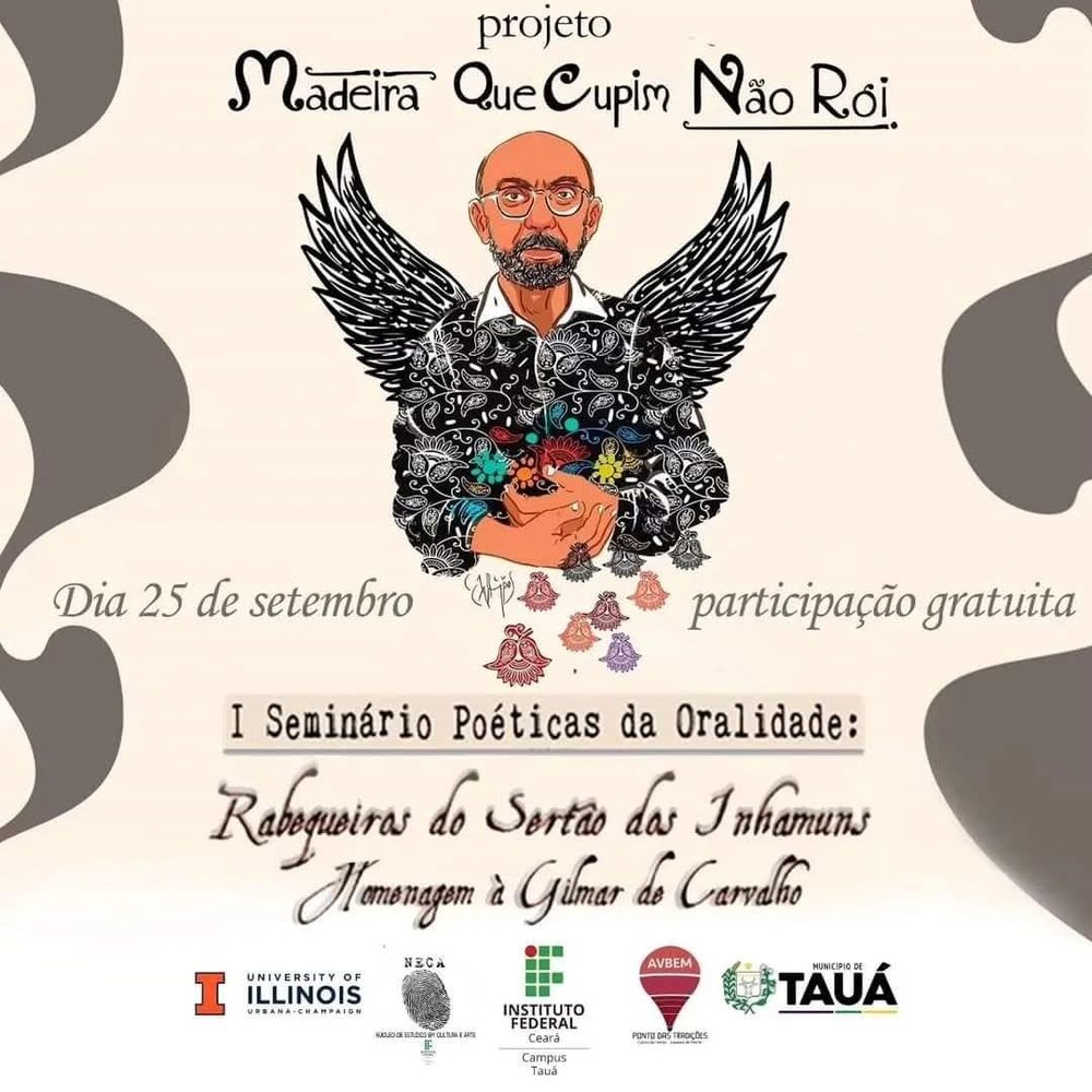 Poster for the Madeira seminar in Tauá: Gilmar de Carvalho drawn with wings, holding bells